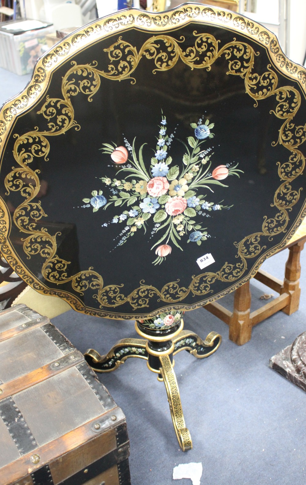 A Meuble Francais floral painted ebonised tripod table, with gilt decoration, W.80cm H.70cm